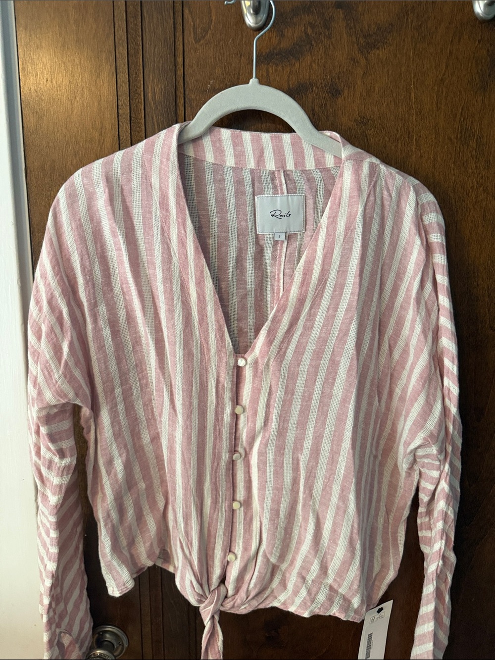 Rails Pink and White Striped Tie-Front Button Blouse